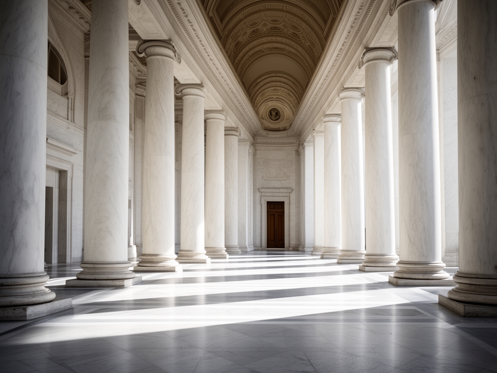 Colonnato classico di marmo bianco di un edificio istituzionale con archi alti e luce naturale che crea ombre geometriche sul pavimento in pietra, atmosfera di solennit&agrave; e conoscenza