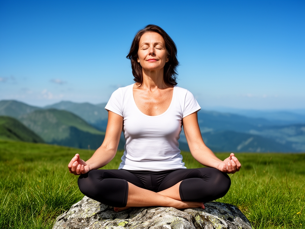 Donna di mezza età seduta in posizione meditativa su una roccia in un paesaggio montano con erba verde e cielo azzurro, espressione serena e occhi chiusi