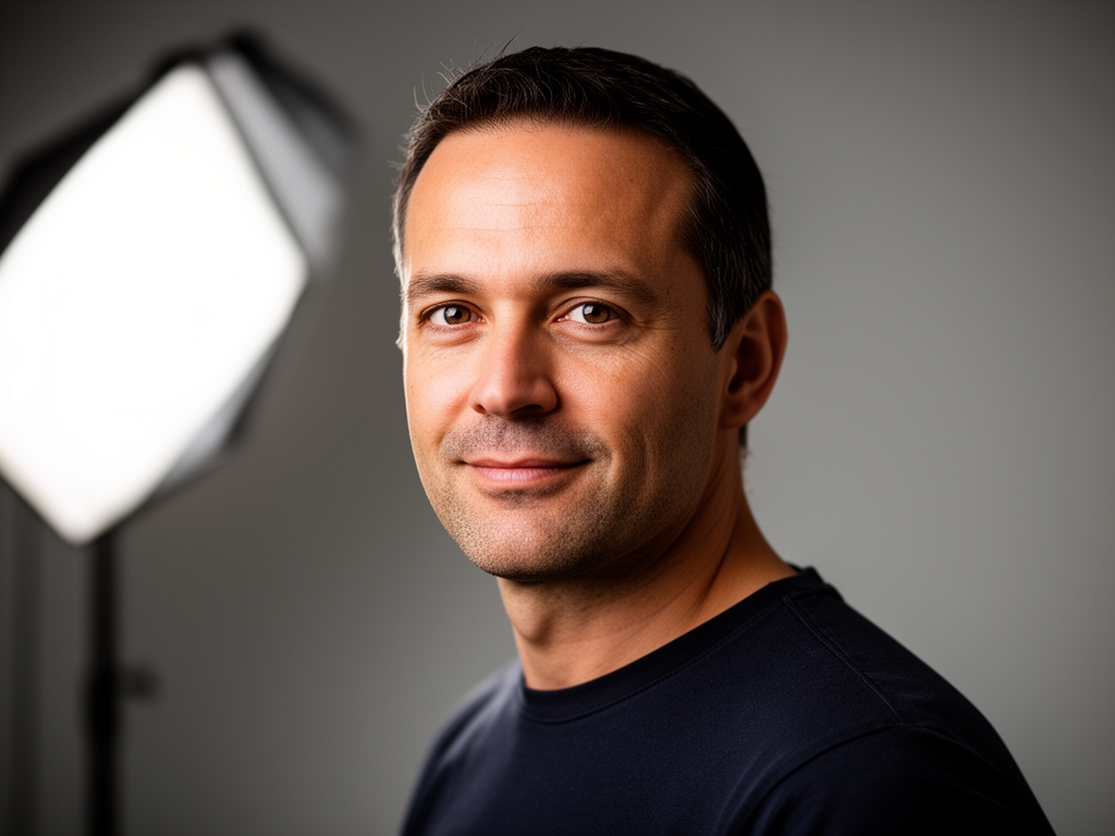 Uomo di circa quarant'anni che cammina lentamente su un sentiero boschivo autunnale, foglie dorate a terra, luce diffusa tra le chiome degli alberi, postura rilassata