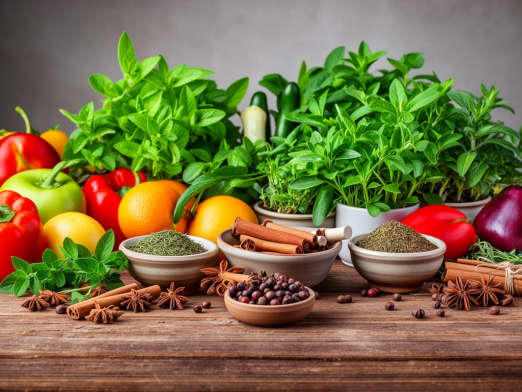 Tavolo di legno con una composizione artistica di frutta e verdure fresche dai colori vivaci, foglie verdi di erbe aromatiche e spezie naturali in ciotole di ceramica